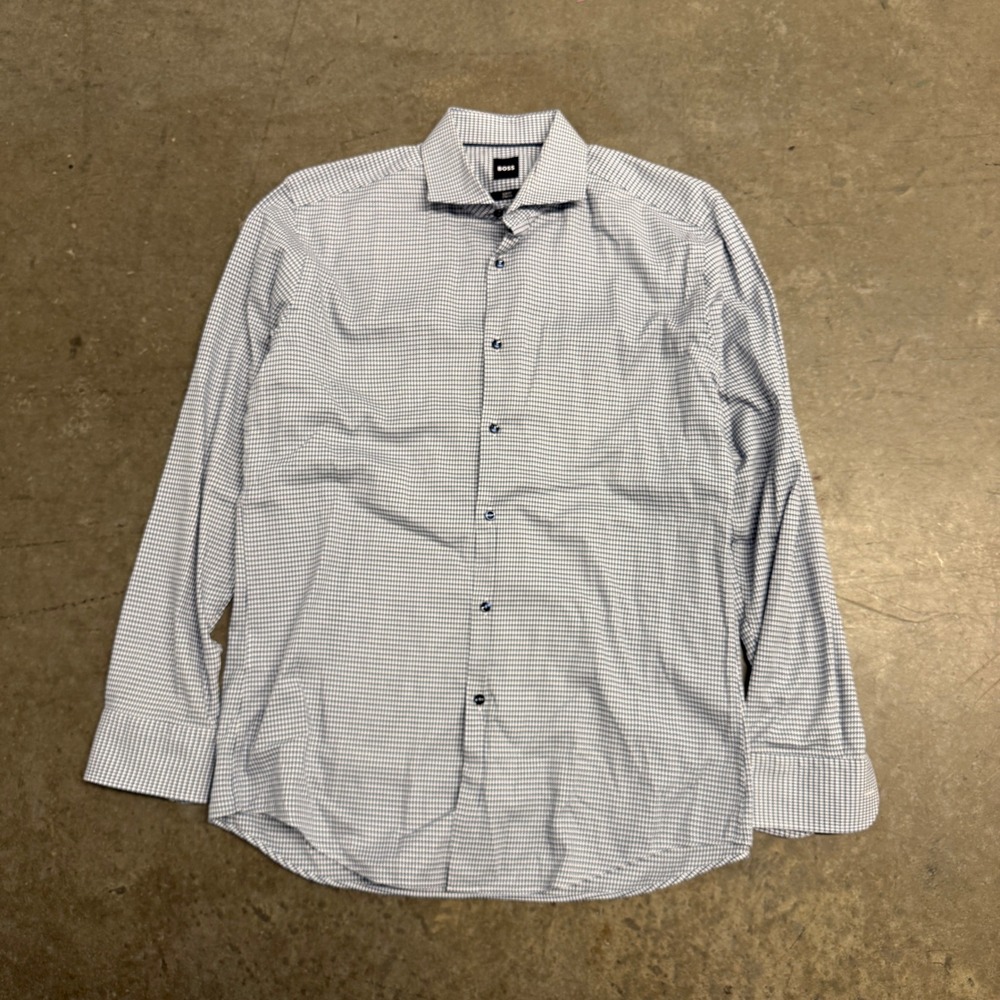 Hugo Boss Slim Fit Stretch Shirt Mens Blue White Check Button Down Long‎ Slv